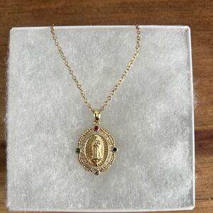 Gold Virgin Mary Pendant Necklace with Colored Gem Accents